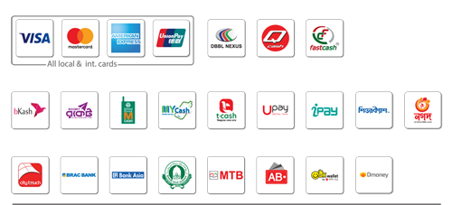 We accept bKash, Rocket etc Mobile banking and Debit and Credit card like VISA/Mastercard etc.